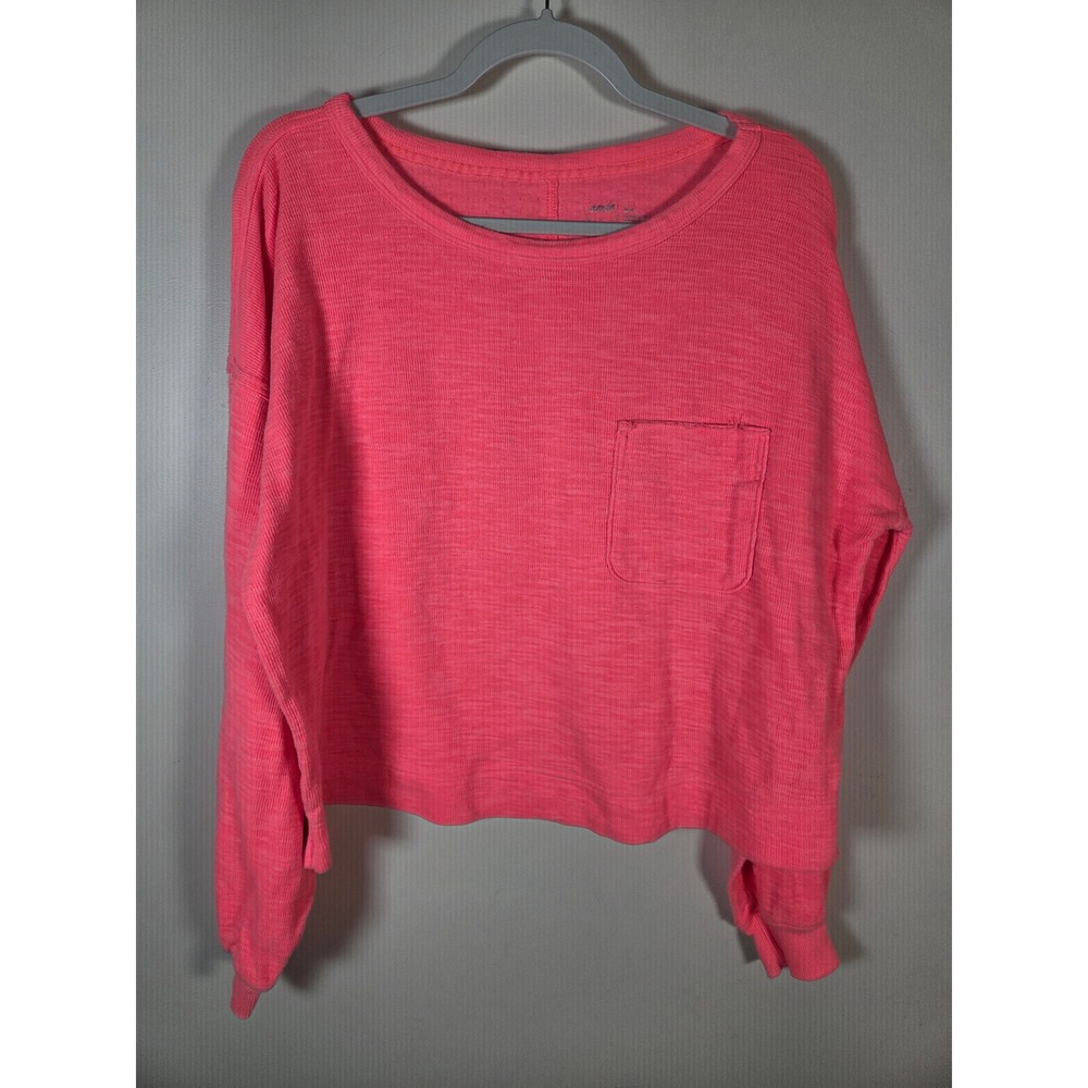 Aerie Slub Knit Pocket Sweatshirt Womens Medium Pink Long Sleeve Cropped Top